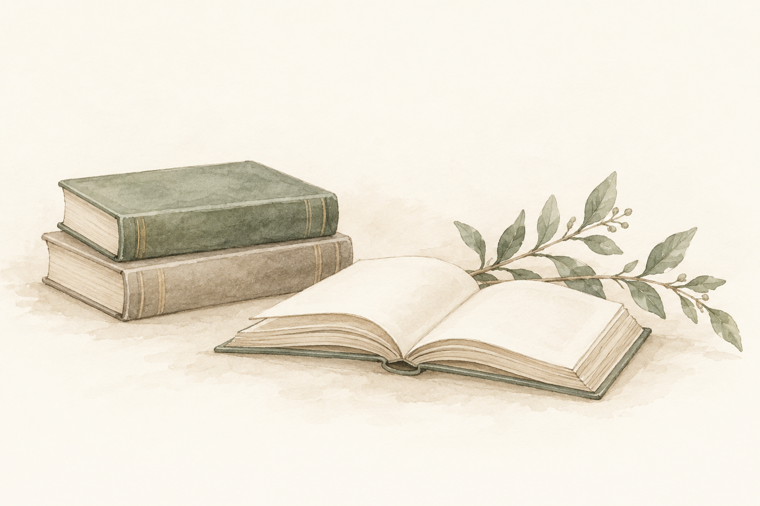 本と葉を描いた淡い緑色のイラスト